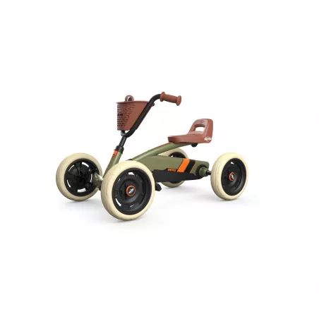 Kart de pedales infantil BERG Buzzy Retro 2 en 1 verde con asiento ajustable y cuatro ruedas estables.