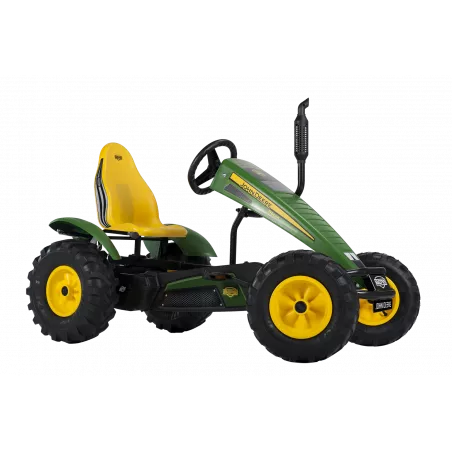 Kart de pedales eléctrico BERG XXL John Deere E-BFR-3 con motor de 250W y chasis robusto verde y amarillo.