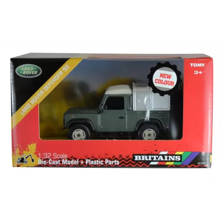 Miniatura a escala 1:32 del Land Rover Defender 90 verde de Britains, todoterreno clásico para coleccionistas.