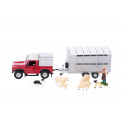 Land Rover Defender 90 de juguete a escala 1:32 con remolque, figura de granjero y ovejas de Britains.