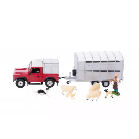 Land Rover Defender 90 de juguete a escala 1:32 con remolque, figura de granjero y ovejas de Britains.