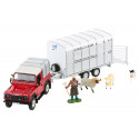 Land Rover Defender 90 de juguete a escala 1:32 con remolque, figura de granjero y ovejas de Britains.