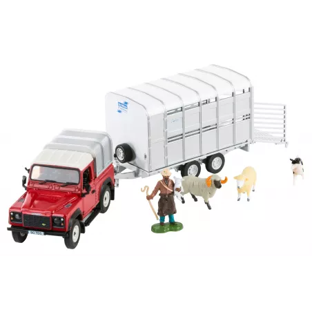 Land Rover Defender 90 de juguete a escala 1:32 con remolque, figura de granjero y ovejas de Britains.