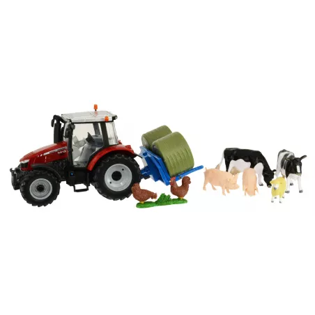 Tractor Massey Ferguson 5612 a escala 1:32 de Britains con juego de animales de juguete para maqueta de granja.