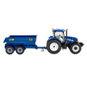 Tractor de juguete New Holland T6 con remolque NC a escala 1:32 para coleccionismo y juego agrícola.
