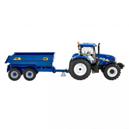 Tractor de juguete New Holland T6 con remolque NC a escala 1:32 para coleccionismo y juego agrícola.