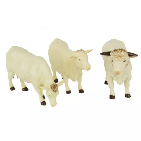 Tres figuras de vacas Simmental y Charolais a escala 1:32 para maquetas de granjas y dioramas.