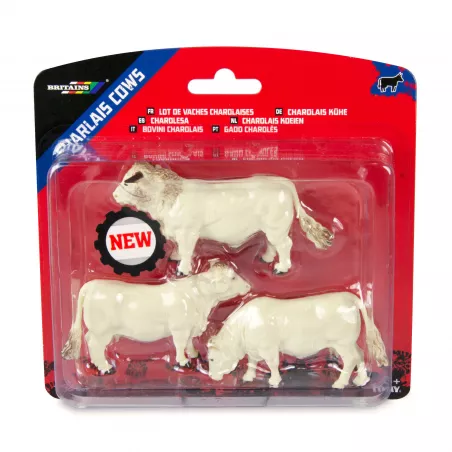 Set de 3 vacas miniatura Simmental y Charolais escala 1:32 para dioramas y granjas de juguete.