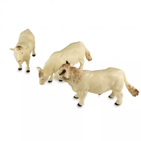 Set de 3 vacas miniatura Simmental y Charolais escala 1:32 para dioramas y granjas de juguete.