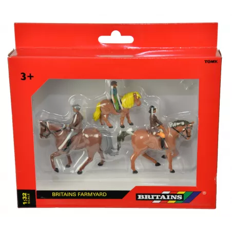 Set de figuras de caballos y jinetes de Britains a escala 1:32 para maquetas y dioramas de granja.