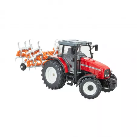 Tractor Massey Ferguson a escala 1:32 con cultivador de juguete Britains.