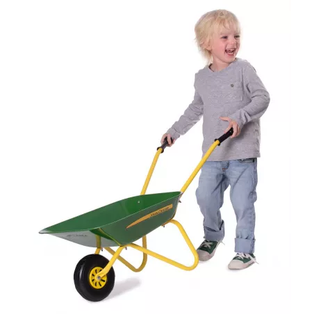 Carretilla metálica infantil John Deere de Rolly Toys para juego al aire libre.