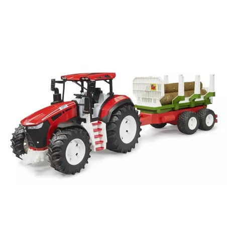 Tractor de juguete Roadmax con remolque autocargador y tres troncos de madera.