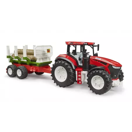 Tractor Roadmax de juguete con remolque autocargador basculante y tres troncos de madera.