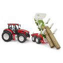 Tractor Roadmax de juguete con remolque autocargador basculante y tres troncos de madera.