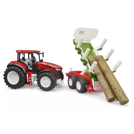 Tractor Roadmax de juguete con remolque autocargador basculante y tres troncos de madera.