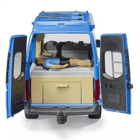 Furgoneta camper de juguete Mercedes-Benz Sprinter de Bruder a escala 1:16 con figura de conductor
