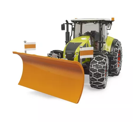 Tractor de juguete Claas Axion 950 Bruder con cadenas de nieve y pala quitanieves ajustable.