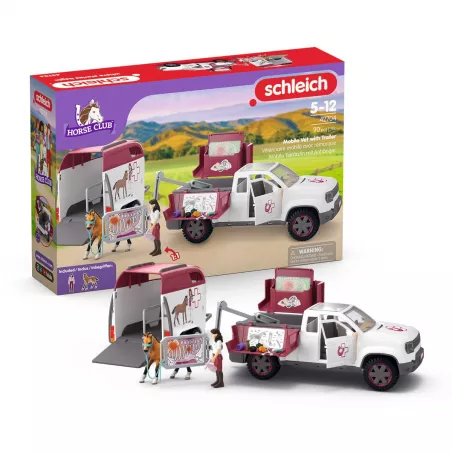 Veterinaria móvil con remolque de Schleich, potro de juguete y accesorios de rescate y cuidado médico.