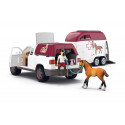 Veterinaria móvil con remolque de Schleich, potro de juguete y accesorios de rescate y cuidado médico.