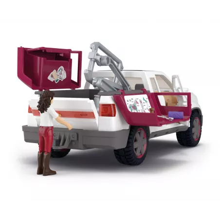 Veterinaria móvil con remolque de Schleich, potro de juguete y accesorios de rescate y cuidado médico.