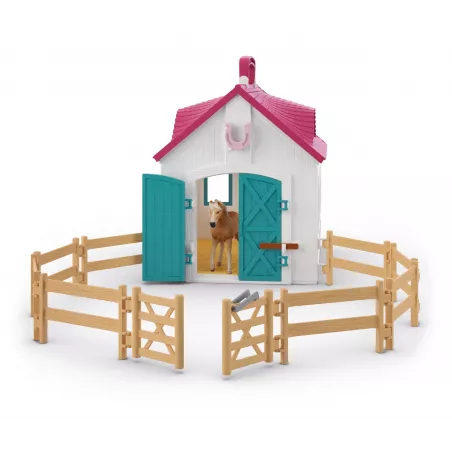 Establo abierto de juguete Schleich con yegua y potro Haflinger y accesorios de hípica.