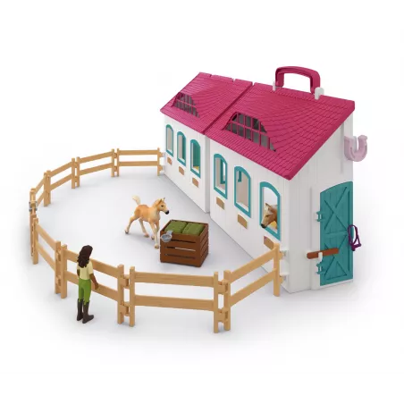 Establo abierto portátil de juguete Schleich con figuras de yegua y potro Haflinger.