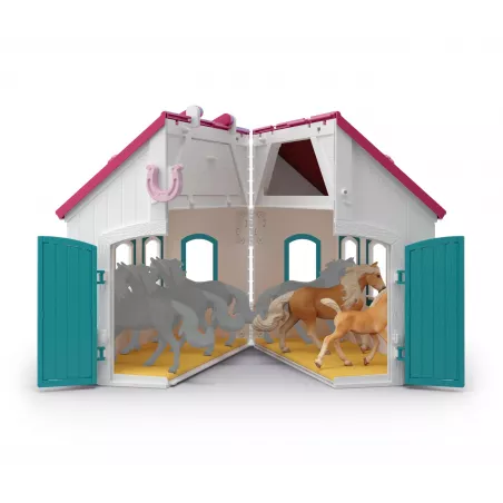 Establo abierto portátil de juguete Schleich con figuras de yegua y potro Haflinger.