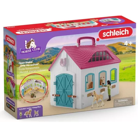 Establo abierto portátil de juguete Schleich con figuras de yegua y potro Haflinger.
