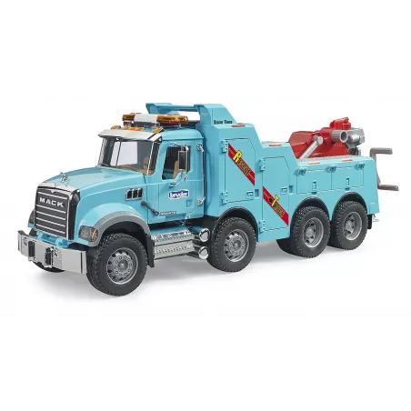 Camión grúa de rescate y remolque MACK Granite de Bruder a escala 1:16 con brazo telescópico.