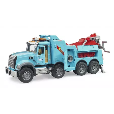 Camión-grúa de rescate MACK Granite de Bruder a escala 1:16 con brazo telescópico y detalles realistas.