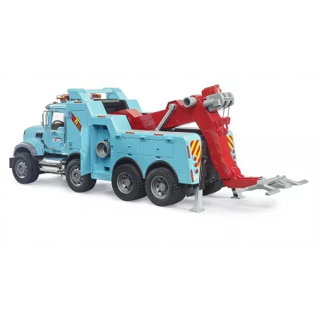 Camión-grúa de rescate MACK Granite de Bruder a escala 1:16 con brazo telescópico y detalles realistas.