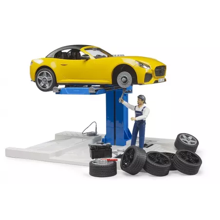 Taller de juguetes bworld Bruder con coche descapotable y plataforma elevadora a escala 1:16