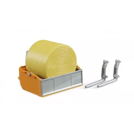 Caja de carga basculante y horquillas de juguete Bruder para tractor a escala 1:16.