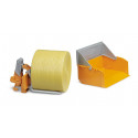 Accesorios Bruder escala 1:16 con caja de carga basculante y horquillas para tractores de juguete.