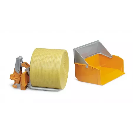 Accesorios Bruder escala 1:16 con caja de carga basculante y horquillas para tractores de juguete.