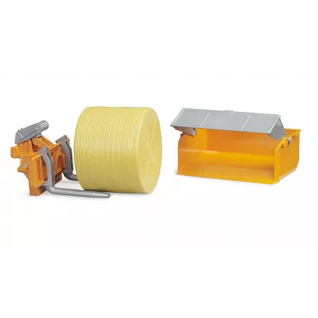 Accesorios Bruder escala 1:16 con caja de carga basculante y horquillas para tractores de juguete.
