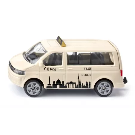 Taxi de juguete VW T5 de Siku con neumáticos de goma y enganche para remolque.