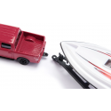 Ford F150 de juguete a escala 1:50 con remolque y lancha motora que flota en el agua.