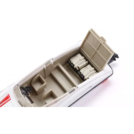 Ford F150 de juguete a escala 1:50 con remolque y lancha motora que flota en el agua.
