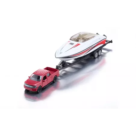 Ford F150 de juguete a escala 1:50 con remolque y lancha motora que flota en el agua.