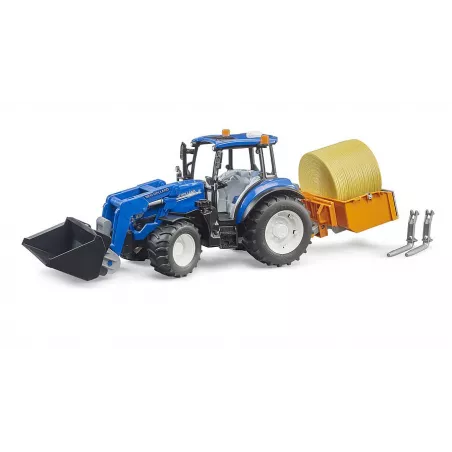 Tractor de juguete New Holland T5.120 Bruder a escala 1:16 con cargador frontal, horquillas y caja