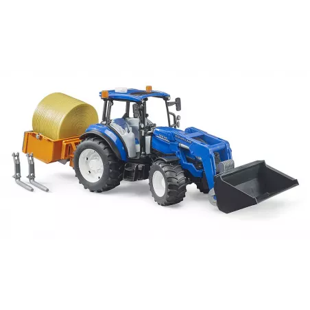 Tractor de juguete Bruder New Holland T5.120 escala 1:16 con cargador frontal, caja de carga y horquillas