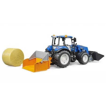 Tractor de juguete Bruder New Holland T5.120 escala 1:16 con cargador frontal, caja de carga y horquillas