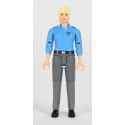 Figura articulada de mujer policía Bruder con uniforme azul para juego de rol infantil.