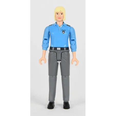 Figura articulada de mujer policía Bruder con uniforme azul para juego de rol infantil.