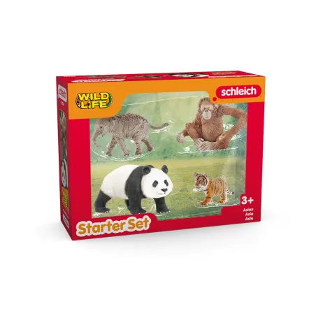 Set de iniciación Asia de Schleich con figuras de juguete de león, cebra, cría de elefante y cachorro de chimpancé.