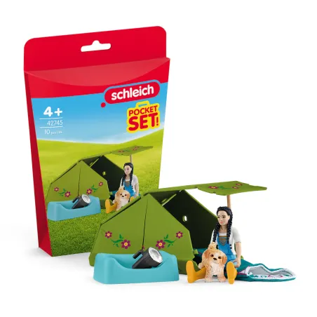 Set Schleich Acampada con Kim con figura, cachorro Maltipoo, tienda de campaña y accesorios de juguete.
