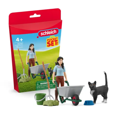 Set de limpieza de establo Schleich con figura de Lisa, carretilla, horca y gato de juguete.