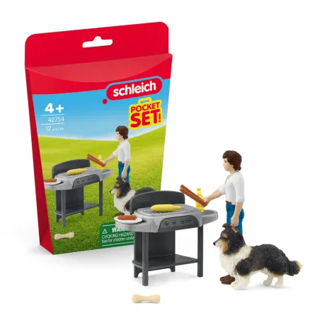 Set de juguete Barbacoa con Tom de Schleich con figura de Tom, perro pastor Shetland y accesorios de barbacoa.